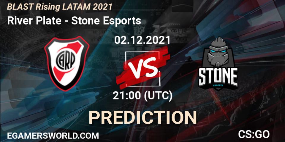 Prognose für das Spiel River Plate VS Stone Esports. 02.12.2021 at 20:15. Counter-Strike (CS2) - BLAST Rising LATAM 2021