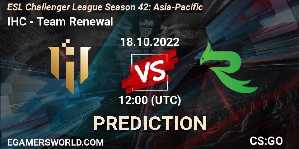 Prognose für das Spiel IHC VS Team Renewal. 18.10.2022 at 12:00. Counter-Strike (CS2) - ESL Challenger League Season 42: Asia-Pacific