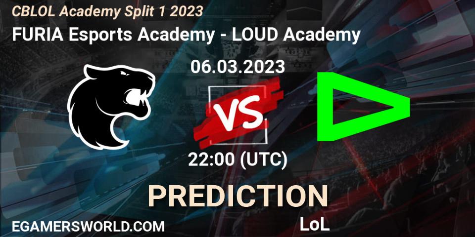 Prognose für das Spiel FURIA Esports Academy VS LOUD Academy. 06.03.2023 at 22:00. LoL - CBLOL Academy Split 1 2023