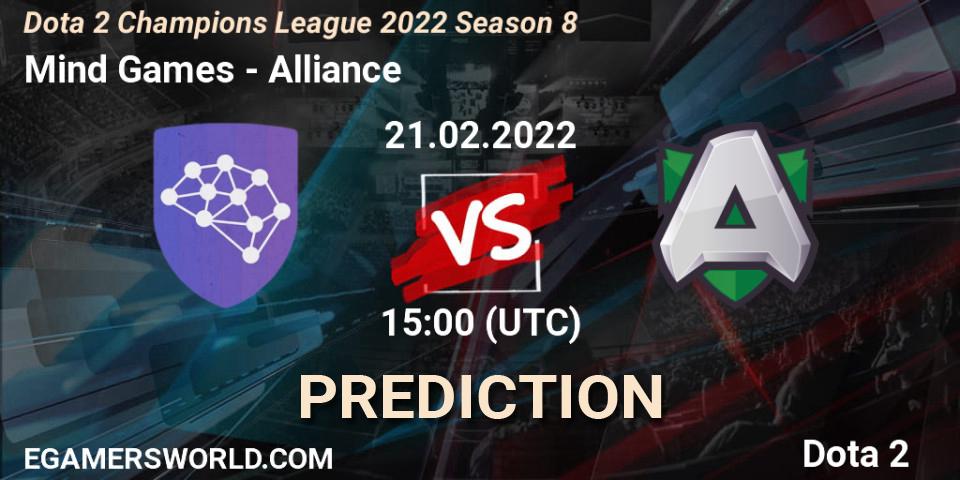 Prognose für das Spiel Mind Games VS Alliance. 21.02.2022 at 18:11. Dota 2 - Dota 2 Champions League 2022 Season 8