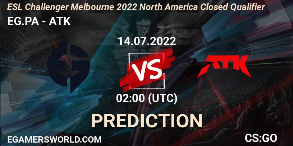 Prognose für das Spiel EG.PA VS ATK. 14.07.2022 at 02:00. Counter-Strike (CS2) - ESL Challenger Melbourne 2022 North America Closed Qualifier