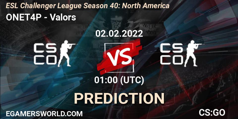 Prognose für das Spiel ONET4P VS Valors. 02.02.2022 at 01:00. Counter-Strike (CS2) - ESL Challenger League Season 40: North America