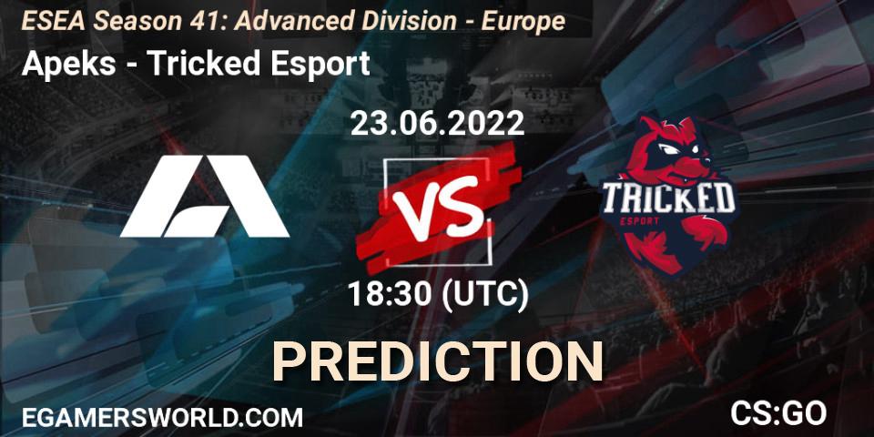 Prognose für das Spiel Apeks VS Tricked Esport. 23.06.2022 at 18:00. Counter-Strike (CS2) - ESEA Season 41: Advanced Division - Europe