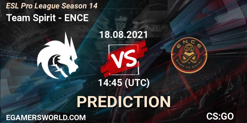 Prognose für das Spiel Team Spirit VS ENCE. 18.08.2021 at 14:45. Counter-Strike (CS2) - ESL Pro League Season 14