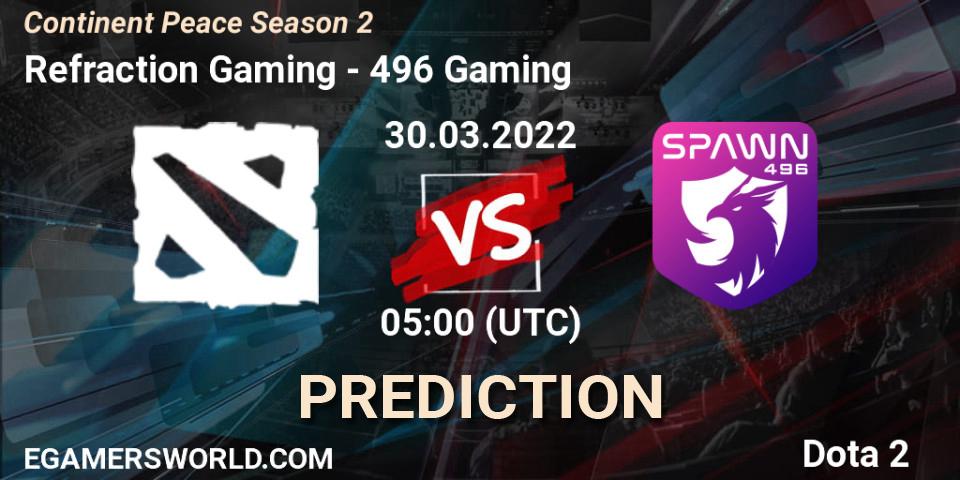 Prognose für das Spiel Refraction Gaming VS 496 Gaming. 31.03.2022 at 05:09. Dota 2 - Continent Peace Season 2 