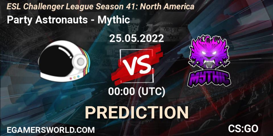 Prognose für das Spiel Party Astronauts VS Mythic. 25.05.2022 at 00:00. Counter-Strike (CS2) - ESL Challenger League Season 41: North America