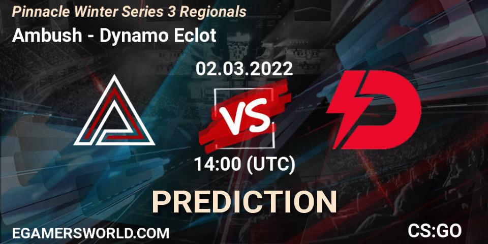 Prognose für das Spiel Ambush VS Dynamo Eclot. 02.03.2022 at 14:05. Counter-Strike (CS2) - Pinnacle Winter Series 3 Regionals
