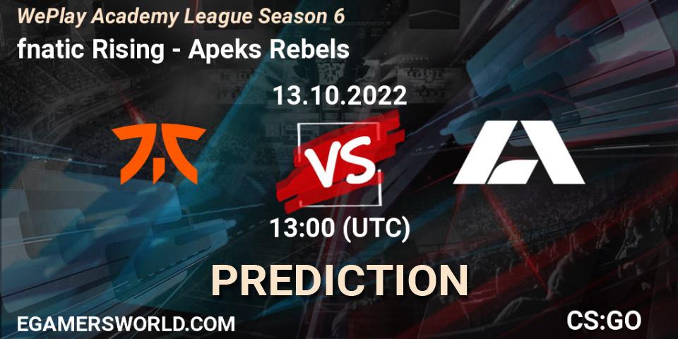Prognose für das Spiel fnatic Rising VS Apeks Rebels. 13.10.2022 at 13:00. Counter-Strike (CS2) - WePlay Academy League Season 6