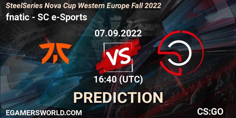 Prognose für das Spiel fnatic VS SC e-Sports. 07.09.2022 at 16:40. Counter-Strike (CS2) - SteelSeries Nova Cup Western Europe Fall 2022