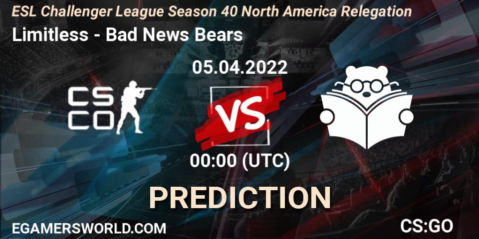 Prognose für das Spiel Limitless VS Bad News Bears. 05.04.2022 at 00:00. Counter-Strike (CS2) - ESL Challenger League Season 40 North America Relegation