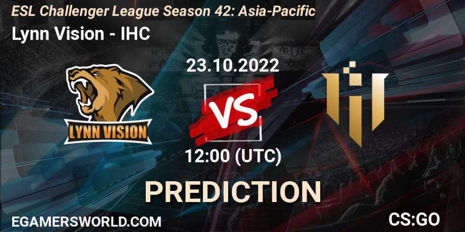 Prognose für das Spiel Lynn Vision VS IHC. 23.10.2022 at 12:00. Counter-Strike (CS2) - ESL Challenger League Season 42: Asia-Pacific