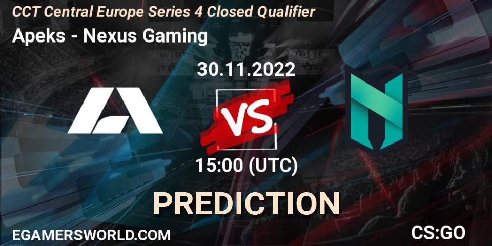 Prognose für das Spiel Apeks VS Nexus Gaming. 30.11.22. CS2 (CS:GO) - CCT Central Europe Series 4 Closed Qualifier