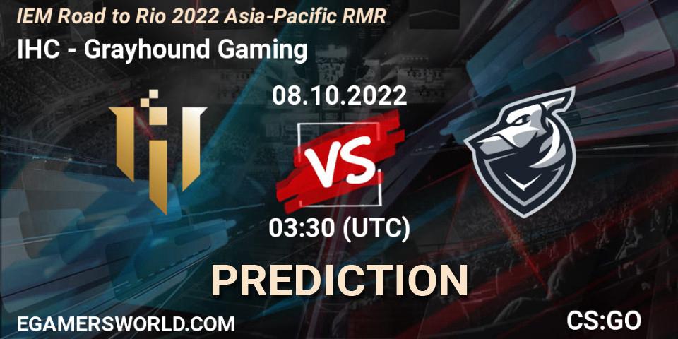 Prognose für das Spiel IHC VS Grayhound Gaming. 08.10.22. CS2 (CS:GO) - IEM Road to Rio 2022 Asia-Pacific RMR