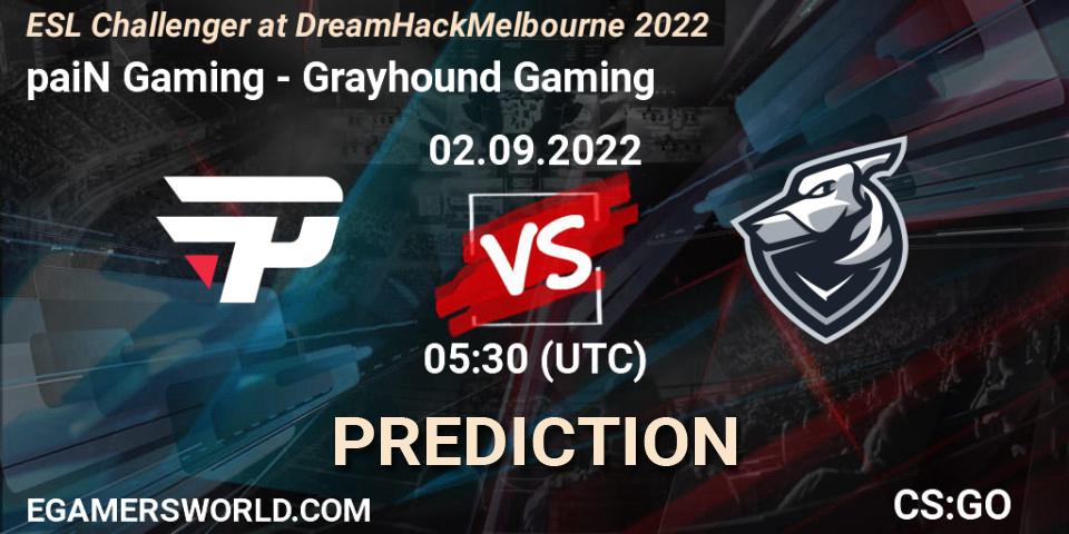 Prognose für das Spiel paiN Gaming VS Grayhound Gaming. 02.09.2022 at 05:50. Counter-Strike (CS2) - ESL Challenger at DreamHack Melbourne 2022