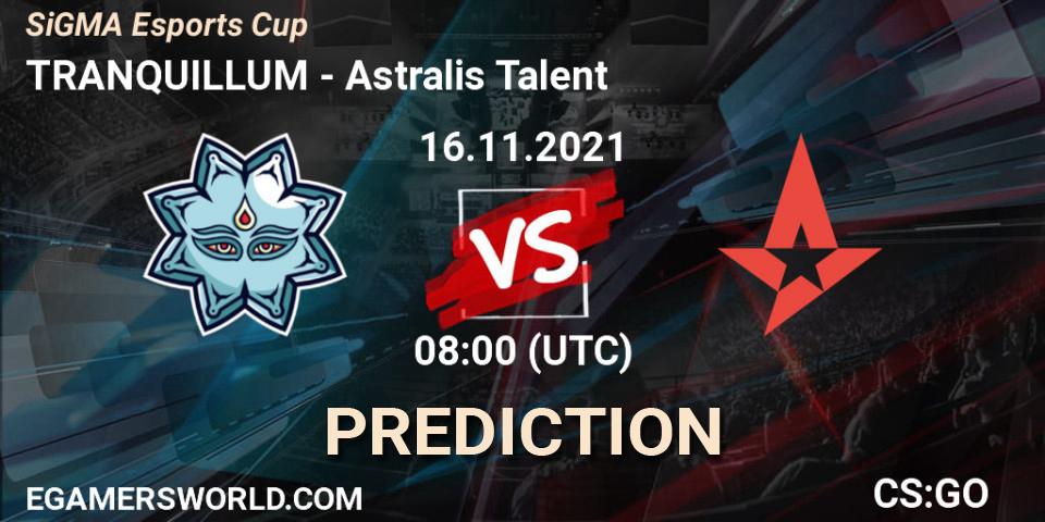 Prognose für das Spiel TRANQUILLUM VS Astralis Talent. 16.11.2021 at 08:00. Counter-Strike (CS2) - SiGMA Esports Cup