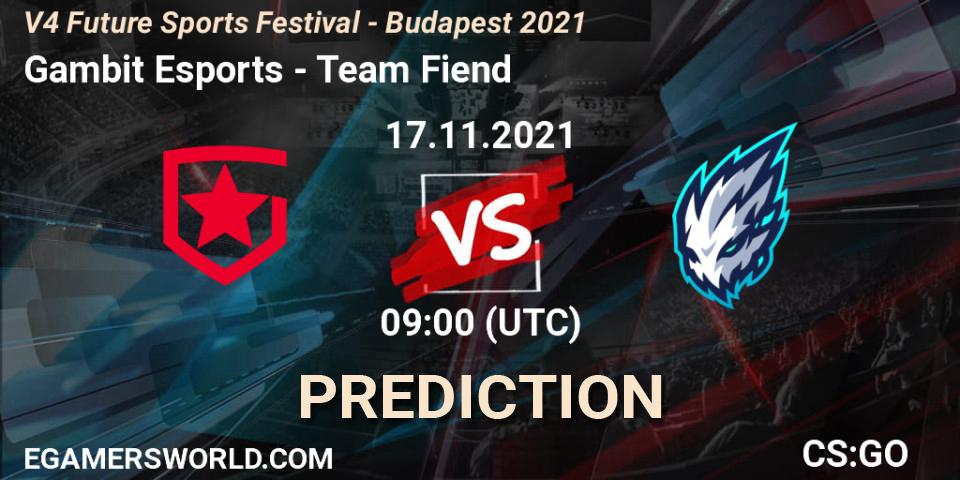 Prognose für das Spiel Gambit Esports VS Team Fiend. 17.11.2021 at 09:00. Counter-Strike (CS2) - V4 Future Sports Festival - Budapest 2021