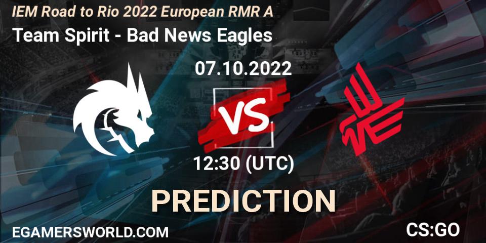 Prognose für das Spiel Team Spirit VS Bad News Eagles. 07.10.2022 at 12:30. Counter-Strike (CS2) - IEM Road to Rio 2022 European RMR A