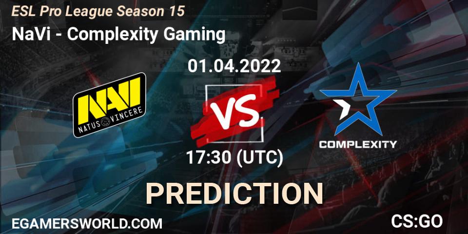 Prognose für das Spiel NaVi VS Complexity Gaming. 01.04.2022 at 17:30. Counter-Strike (CS2) - ESL Pro League Season 15