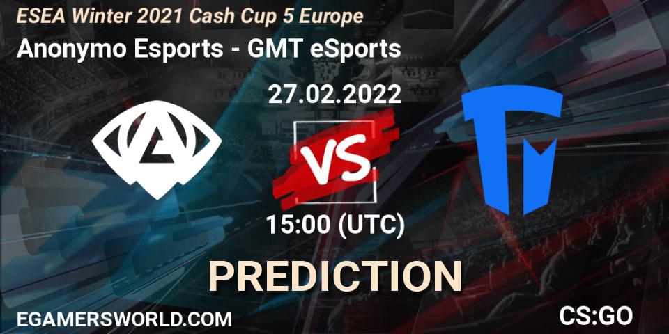 Prognose für das Spiel Anonymo Esports VS GMT eSports. 27.02.22. CS2 (CS:GO) - ESEA Winter 2021 Cash Cup 5 Europe