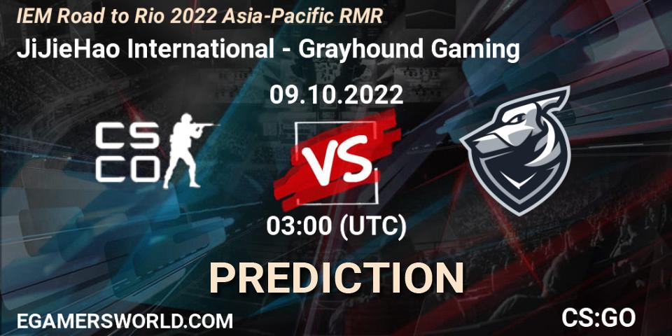 Prognose für das Spiel JiJieHao International VS Grayhound Gaming. 09.10.2022 at 02:00. Counter-Strike (CS2) - IEM Road to Rio 2022 Asia-Pacific RMR