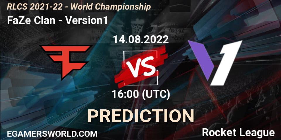 Prognose für das Spiel FaZe Clan VS Version1. 14.08.2022 at 16:00. Rocket League - RLCS 2021-22 - World Championship