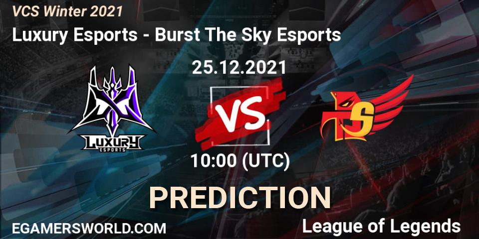 Prognose für das Spiel Luxury Esports VS Burst The Sky Esports. 25.12.2021 at 10:00. LoL - VCS Winter 2021