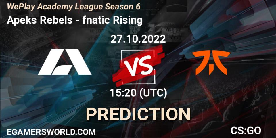 Prognose für das Spiel Apeks Rebels VS fnatic Rising. 27.10.2022 at 15:20. Counter-Strike (CS2) - WePlay Academy League Season 6