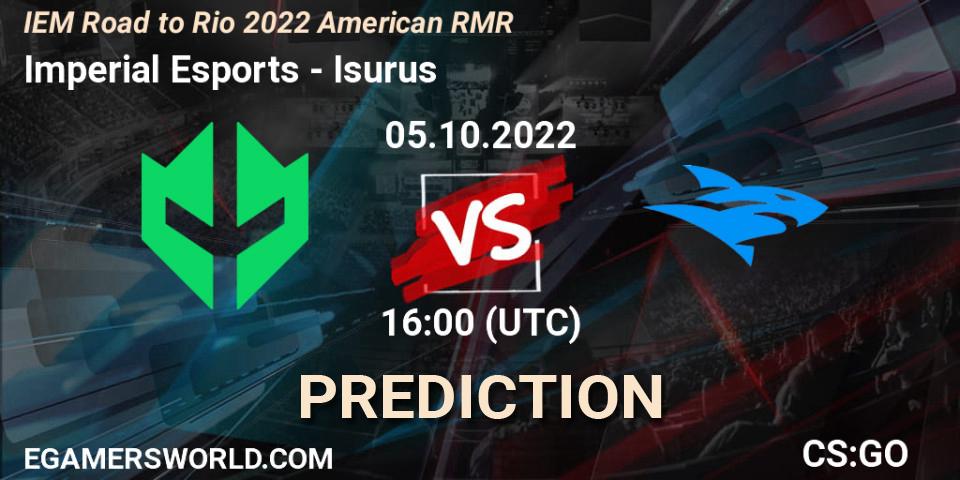 Prognose für das Spiel Imperial Esports VS Isurus. 05.10.2022 at 10:00. Counter-Strike (CS2) - IEM Road to Rio 2022 American RMR