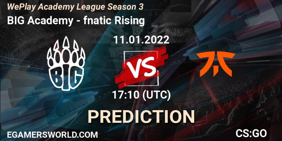 Prognose für das Spiel BIG Academy VS fnatic Rising. 11.01.2022 at 17:30. Counter-Strike (CS2) - WePlay Academy League Season 3