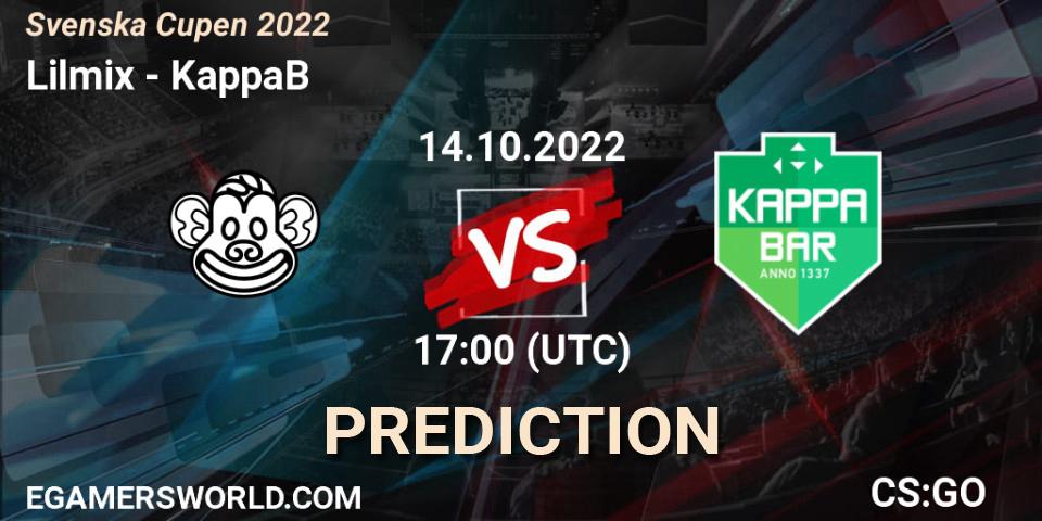 Prognose für das Spiel Lilmix VS KappaB. 14.10.2022 at 17:50. Counter-Strike (CS2) - Svenska Cupen 2022
