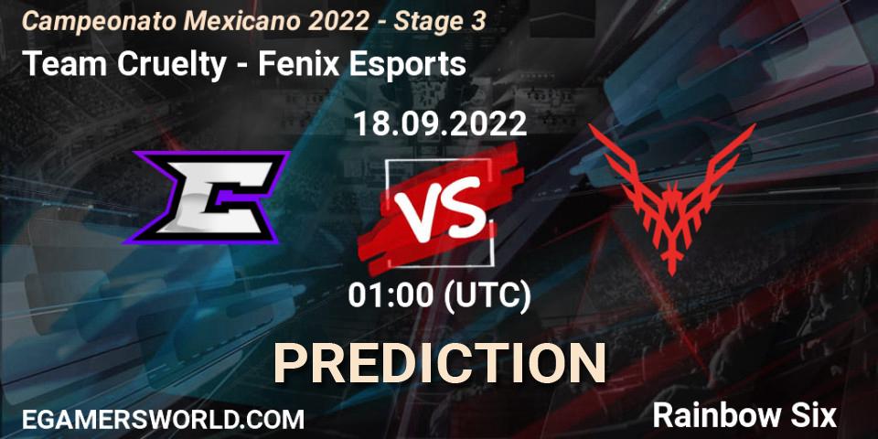 Prognose für das Spiel Team Cruelty VS Fenix Esports. 18.09.2022 at 01:00. Rainbow Six - Campeonato Mexicano 2022 - Stage 3