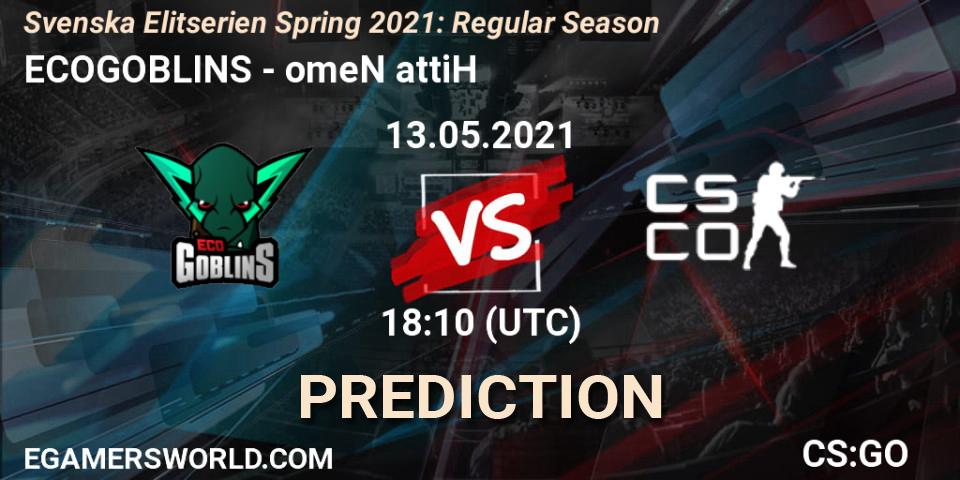Prognose für das Spiel ECOGOBLINS VS omeN attiH. 14.05.2021 at 16:00. Counter-Strike (CS2) - Svenska Elitserien Spring 2021: Regular Season