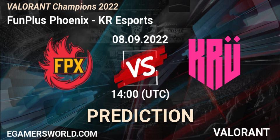 Prognose für das Spiel FunPlus Phoenix VS KRÜ Esports. 08.09.2022 at 14:15. VALORANT - VALORANT Champions 2022