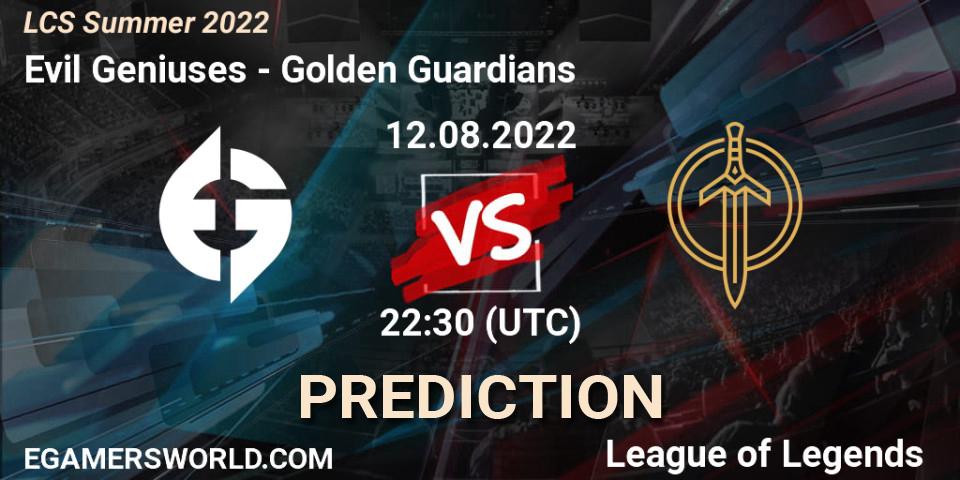 Prognose für das Spiel Evil Geniuses VS Golden Guardians. 12.08.22. LoL - LCS Summer 2022
