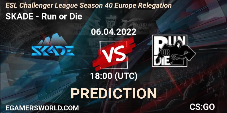 Prognose für das Spiel SKADE VS Run or Die. 06.04.2022 at 18:00. Counter-Strike (CS2) - ESL Challenger League Season 40 Europe Relegation