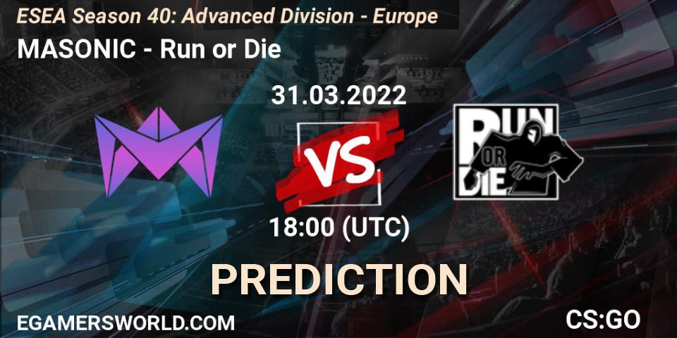 Prognose für das Spiel MASONIC VS Run or Die. 31.03.2022 at 18:00. Counter-Strike (CS2) - ESEA Season 40: Advanced Division - Europe