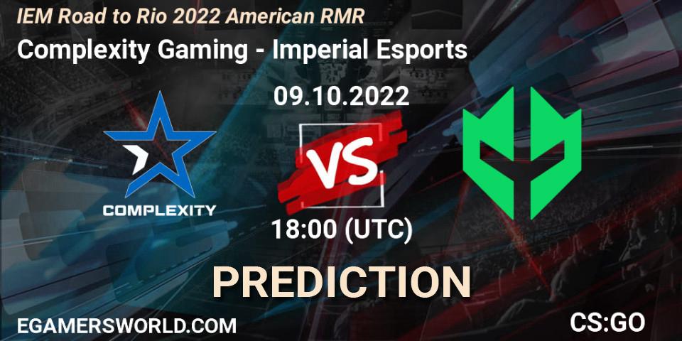 Prognose für das Spiel Complexity Gaming VS Imperial Esports. 09.10.2022 at 18:25. Counter-Strike (CS2) - IEM Road to Rio 2022 American RMR