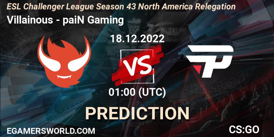 Prognose für das Spiel Villainous VS paiN Gaming. 18.12.2022 at 01:00. Counter-Strike (CS2) - ESL Challenger League Season 43 North America Relegation