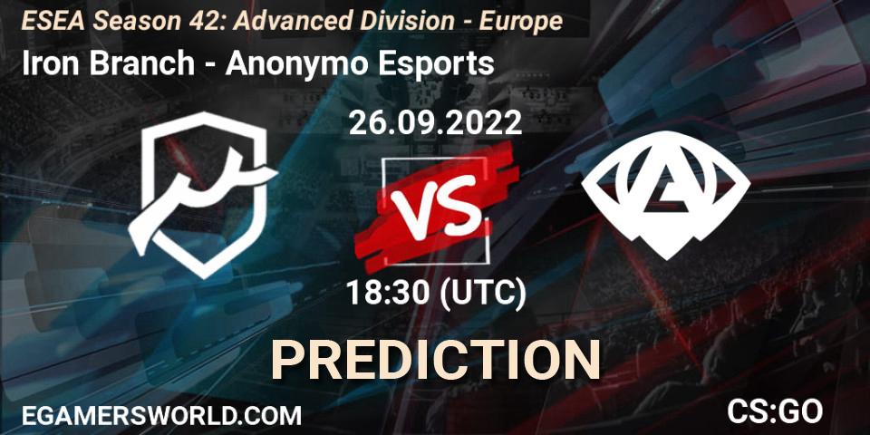 Prognose für das Spiel Iron Branch VS Anonymo Esports. 27.09.2022 at 18:10. Counter-Strike (CS2) - ESEA Season 42: Advanced Division - Europe
