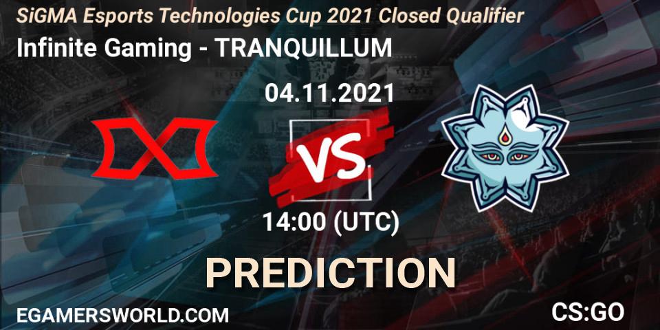 Prognose für das Spiel Infinite Gaming VS TRANQUILLUM. 04.11.2021 at 14:00. Counter-Strike (CS2) - SiGMA Esports Technologies Cup 2021 Closed Qualifier