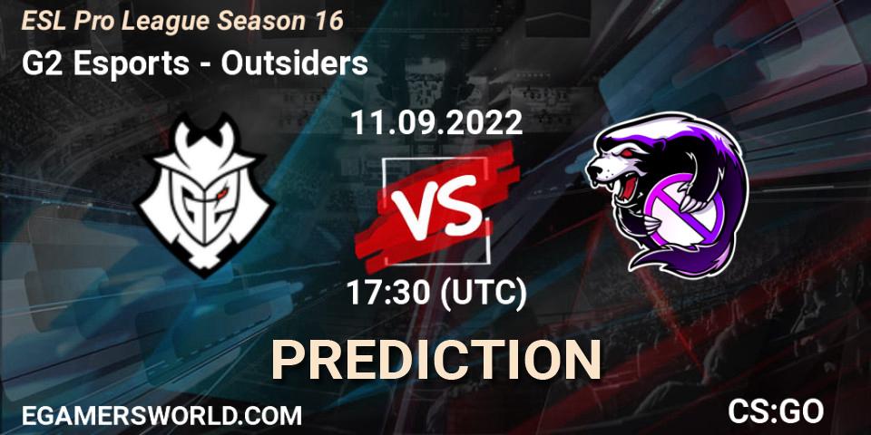Prognose für das Spiel G2 Esports VS Outsiders. 11.09.2022 at 17:30. Counter-Strike (CS2) - ESL Pro League Season 16