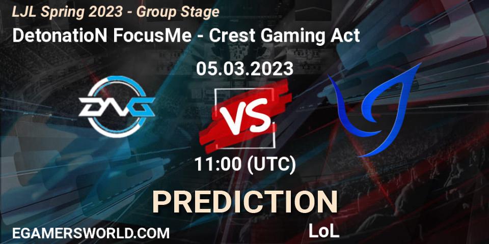 Prognose für das Spiel DetonatioN FocusMe VS Crest Gaming Act. 05.03.2023 at 11:00. LoL - LJL Spring 2023 - Group Stage