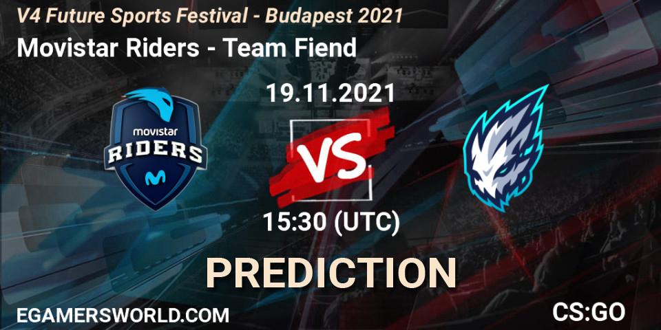 Prognose für das Spiel Movistar Riders VS Team Fiend. 19.11.2021 at 15:40. Counter-Strike (CS2) - V4 Future Sports Festival - Budapest 2021