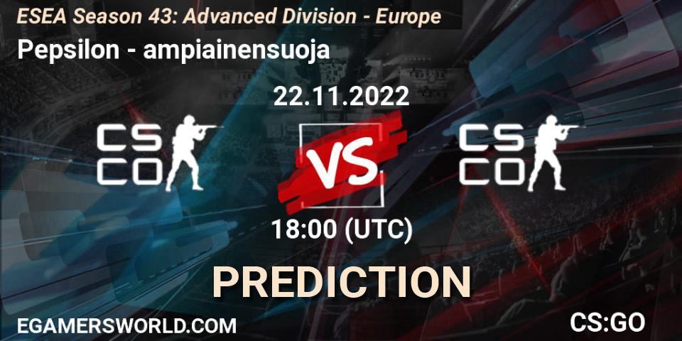 Prognose für das Spiel Pepsilon VS ampiainensuoja. 22.11.2022 at 18:00. Counter-Strike (CS2) - ESEA Season 43: Advanced Division - Europe