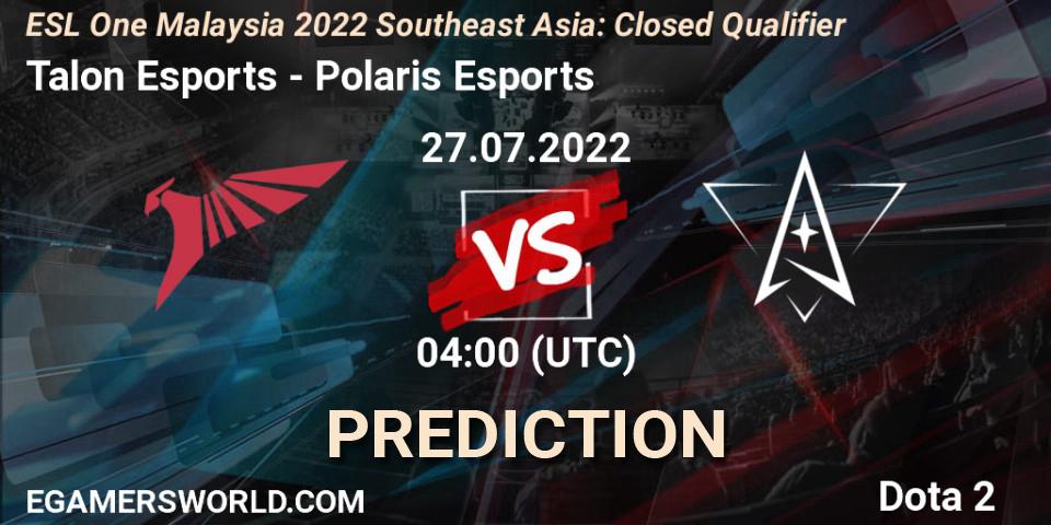 Prognose für das Spiel Talon Esports VS Polaris Esports. 27.07.2022 at 04:01. Dota 2 - ESL One Malaysia 2022 Southeast Asia: Closed Qualifier