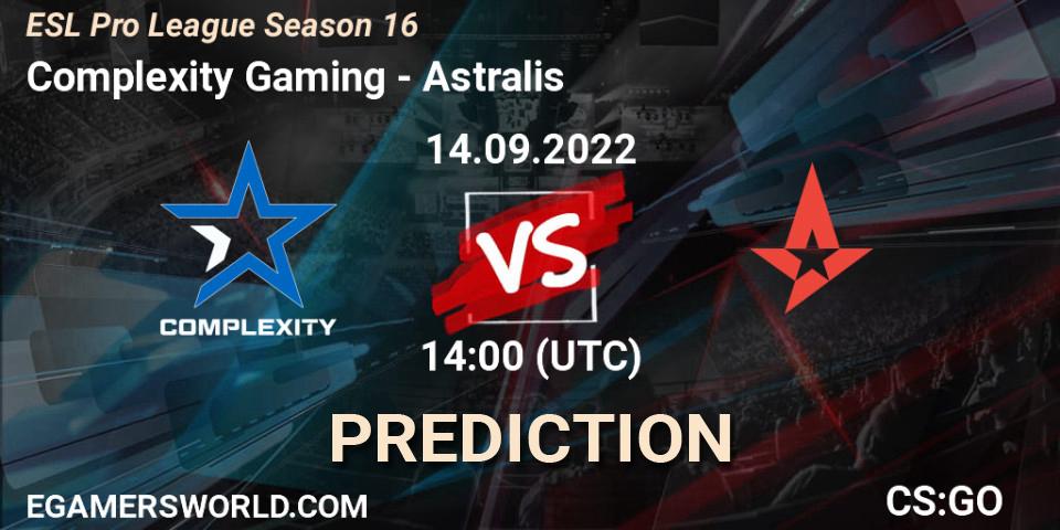 Prognose für das Spiel Complexity Gaming VS Astralis. 14.09.2022 at 14:00. Counter-Strike (CS2) - ESL Pro League Season 16