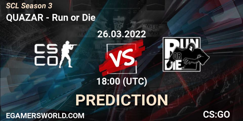 Prognose für das Spiel QUAZAR VS Run or Die. 26.03.2022 at 18:10. Counter-Strike (CS2) - SCL Season 3