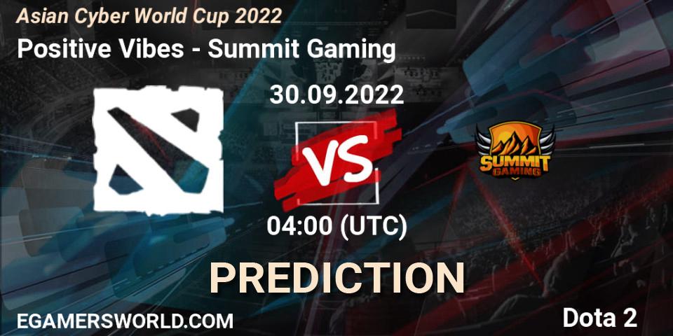 Prognose für das Spiel Positive Vibes VS Summit Gaming. 30.09.2022 at 04:11. Dota 2 - Asian Cyber World Cup 2022