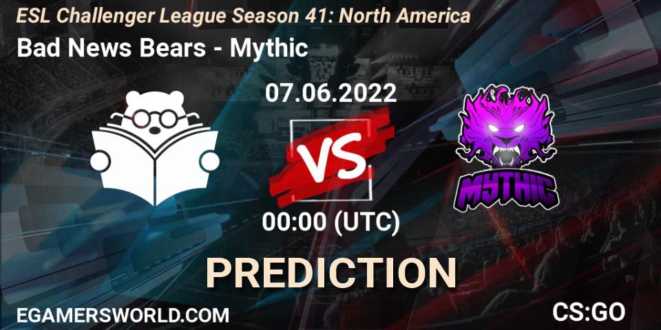 Prognose für das Spiel Bad News Bears VS Mythic. 07.06.2022 at 00:00. Counter-Strike (CS2) - ESL Challenger League Season 41: North America