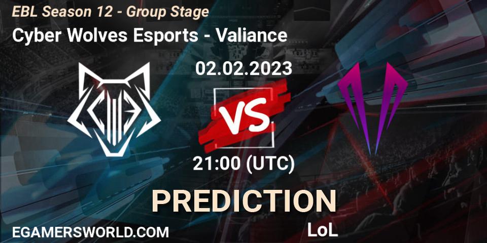 Prognose für das Spiel Cyber Wolves Esports VS Valiance. 02.02.23. LoL - EBL Season 12 - Group Stage